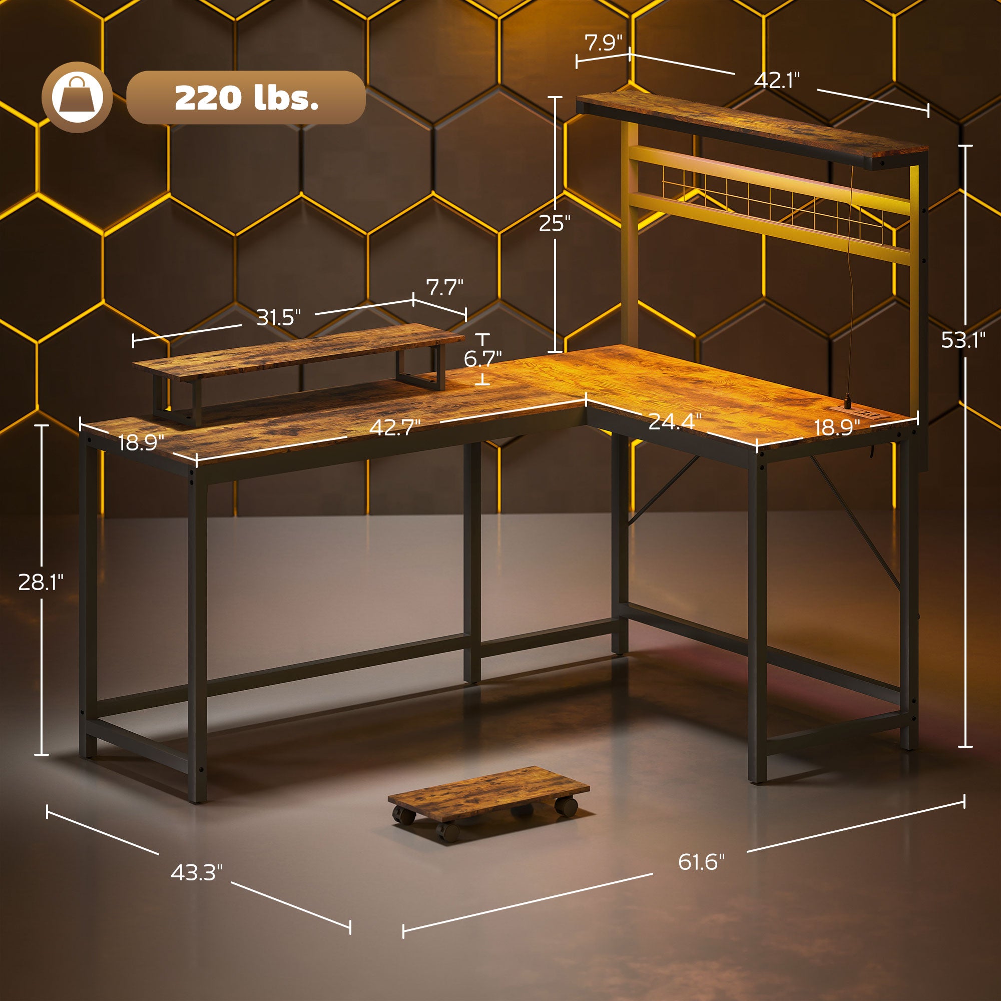 61.6" L Shaped Gaming Desk with Power Outlets & LED Lights