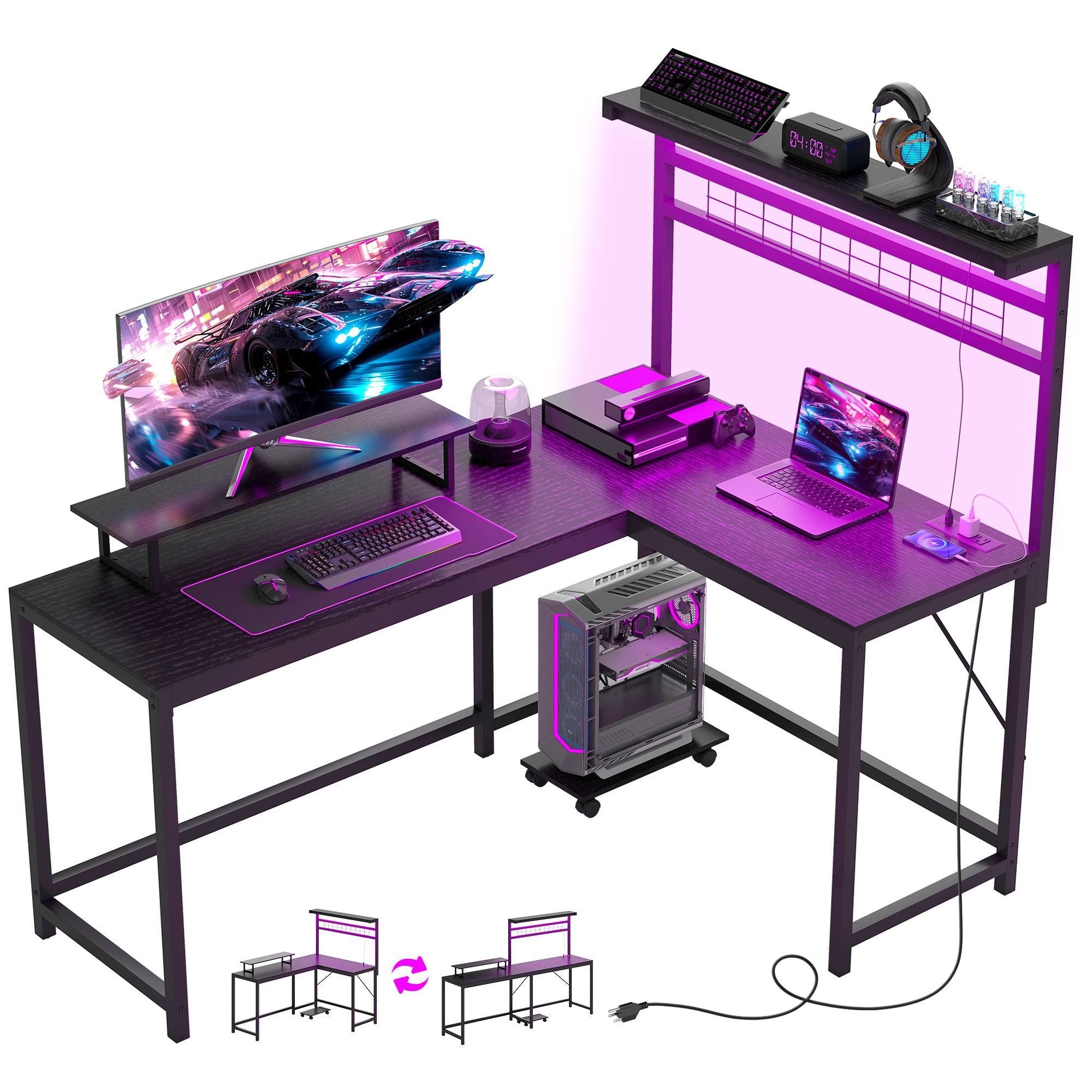61.6" L Shaped Gaming Desk with Power Outlets & LED Lights, Computer Desk with Monitor Stand and CPU Shelf, Black