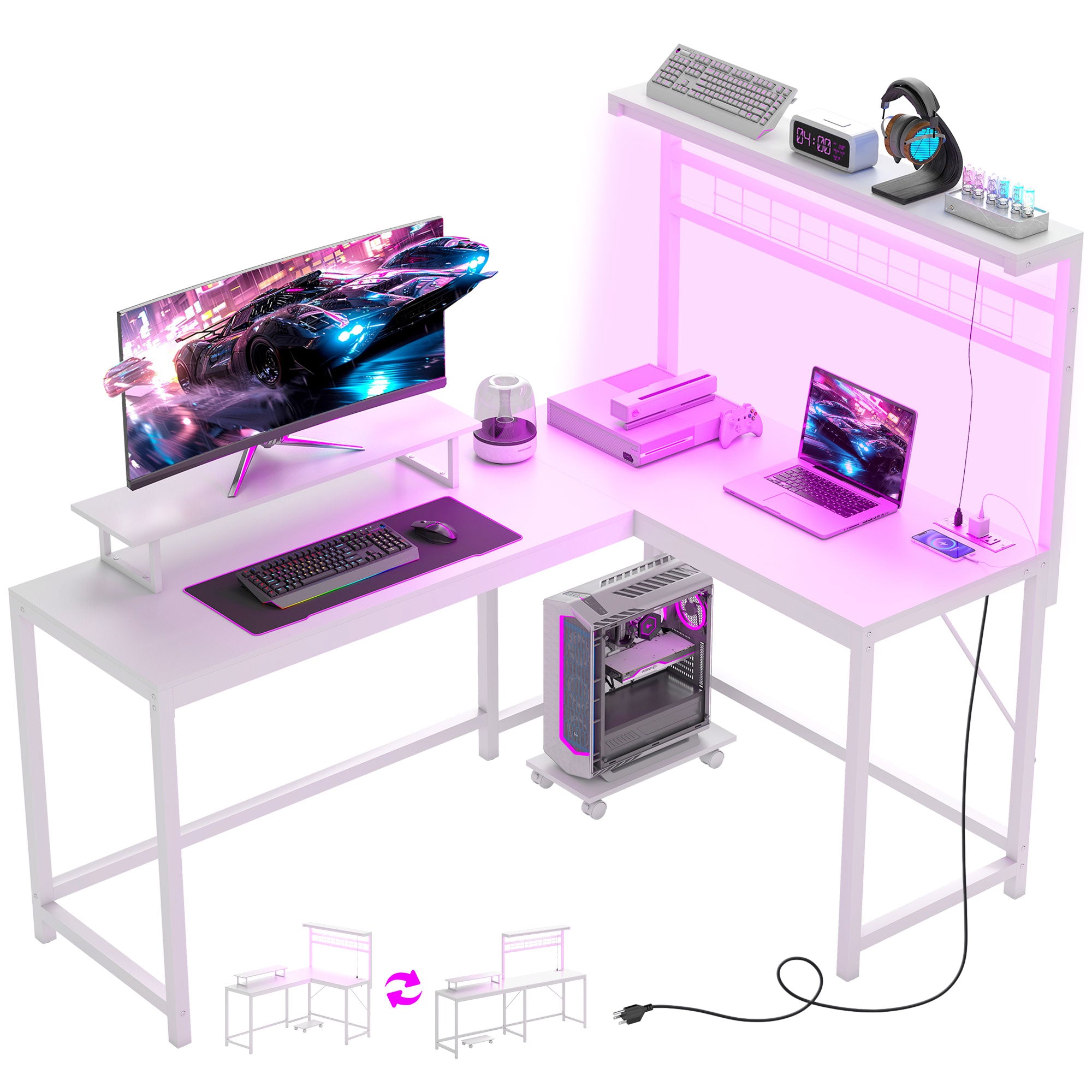 61.6" L Shaped Gaming Desk with Power Outlets & LED Lights, Computer Desk with Monitor Stand and CPU Shelf, White